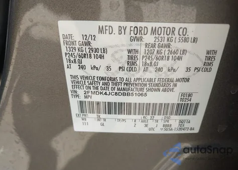 2013 Ford Edge Sel из США, поврежденный, VIN 2FMDK4JC8DBB51065